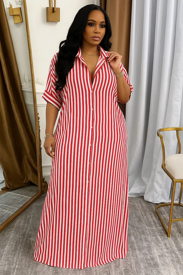 Stripe Half Sleeve Button Up Loose-Fit Maxi Shirt Dresses-Red