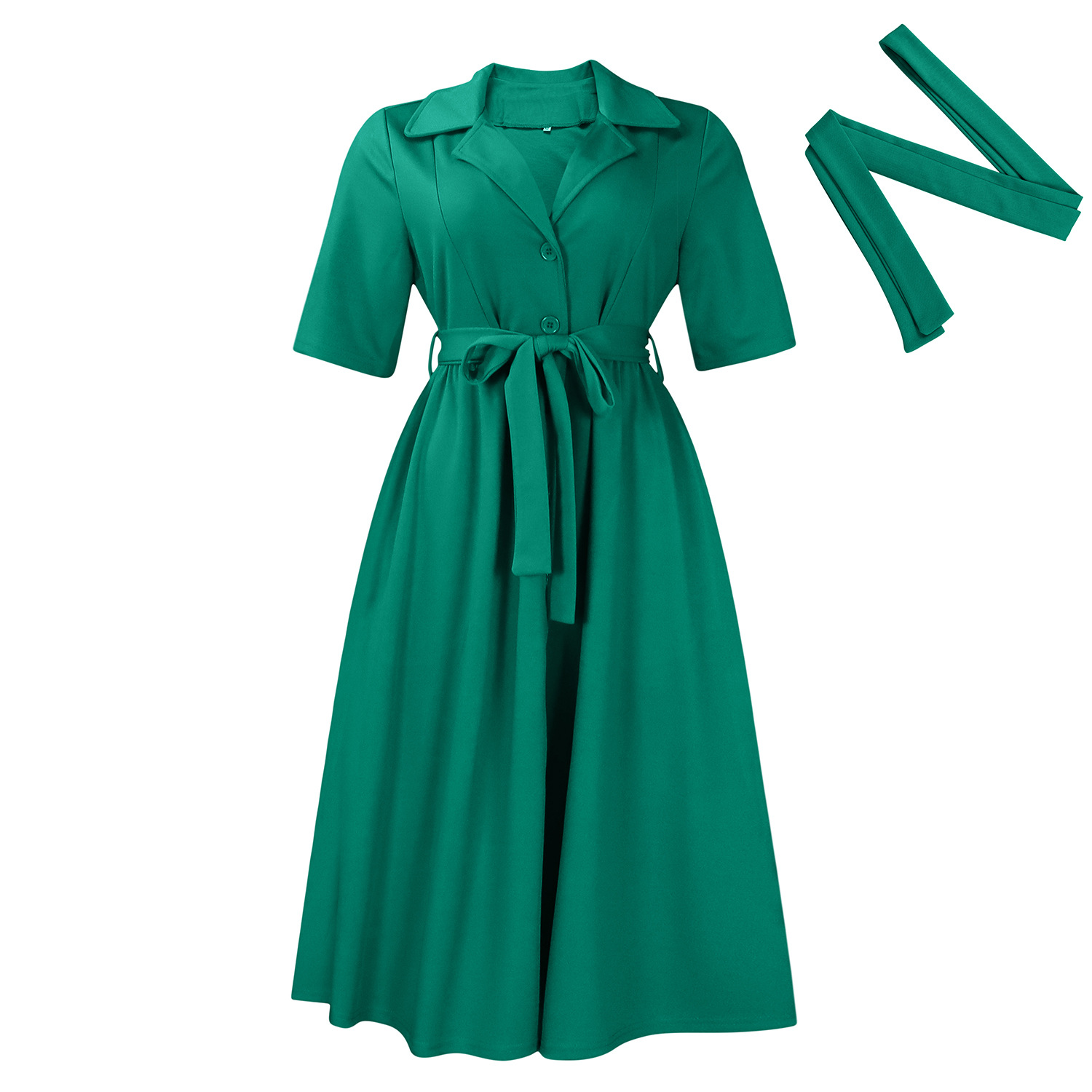 Mature Women Short Sleeve Suit Collar Strap Solid Color Dress