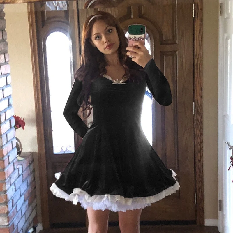 Rapcopter Velvet Vintage Mini Dresses Lace Patchwork Pleated Dress Korean Black Long Sleeve Party Dresses Clubwear Autumn Women