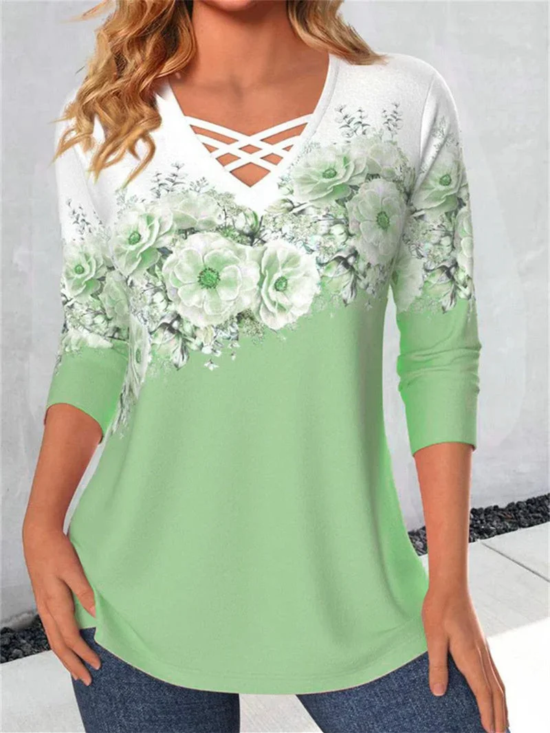 Women's Lace-up Floral Printed V-Neck Long Sleeve Top