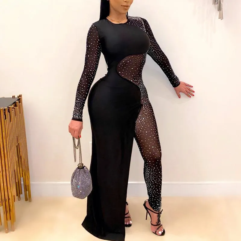 Floerns Women's Plus Size Long Sleeve Rhinestone Sheer Mesh Bodycon