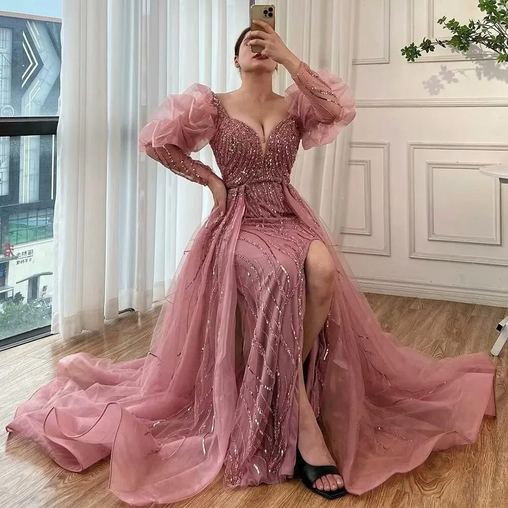 Lisliy Pink Mermaid High Split Over Evening Dress Beaded Bubble Sleeve 