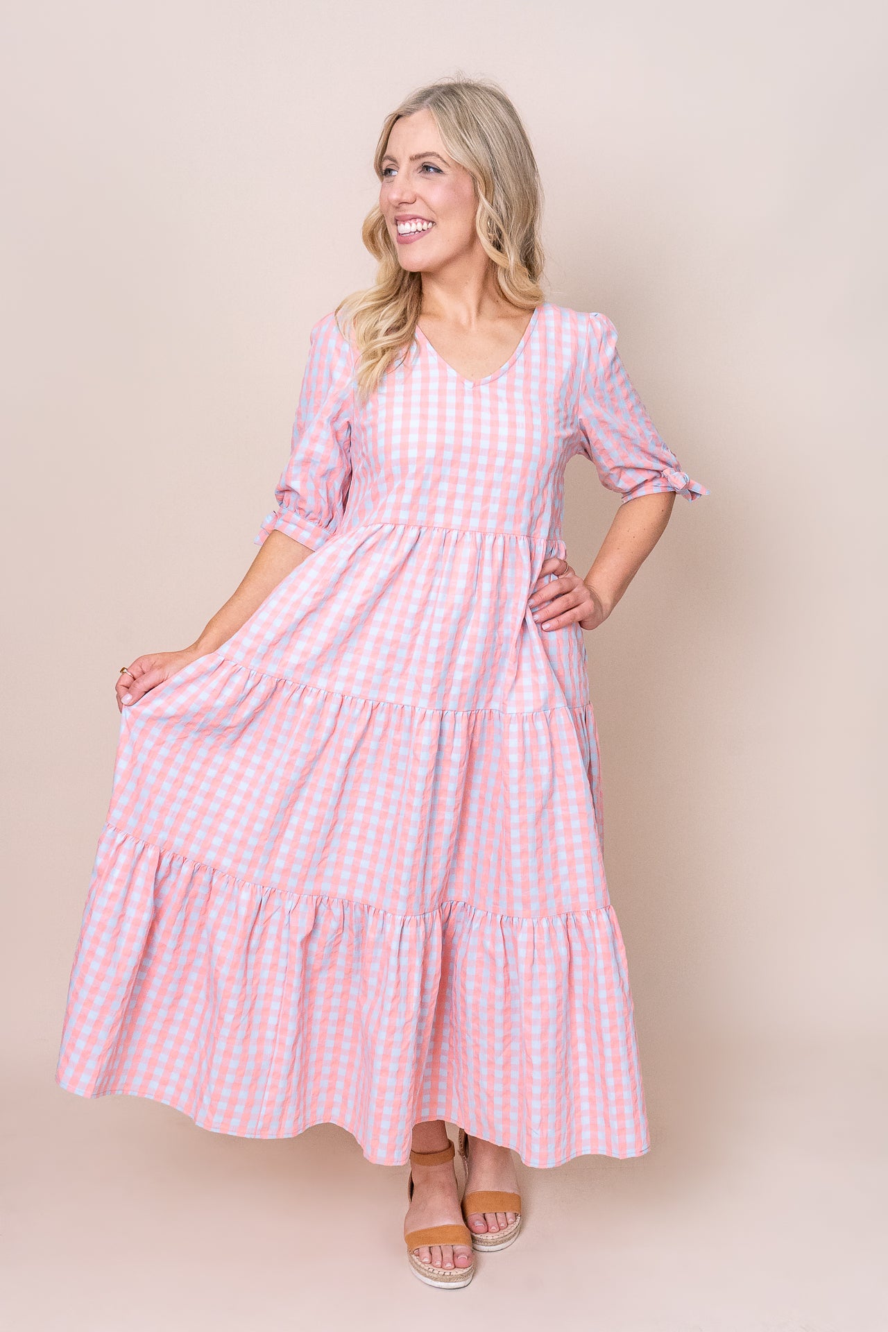 Romy Midi Dress in Pastel Pink and Blue