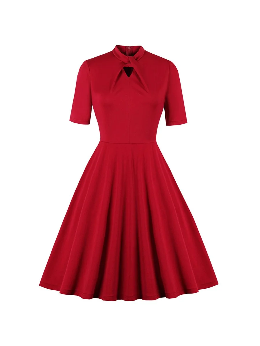 1950s Dress Bowknot Collar Slim Swing Midi Vintage Red Dress