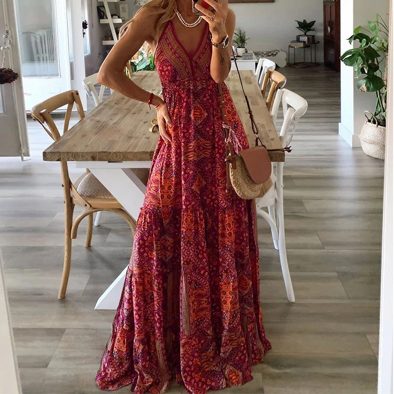 Churchf Churchf 2023 Bohemian Style New Condole Dress High Waist V Neck Print Floral Dress Women's Wear
