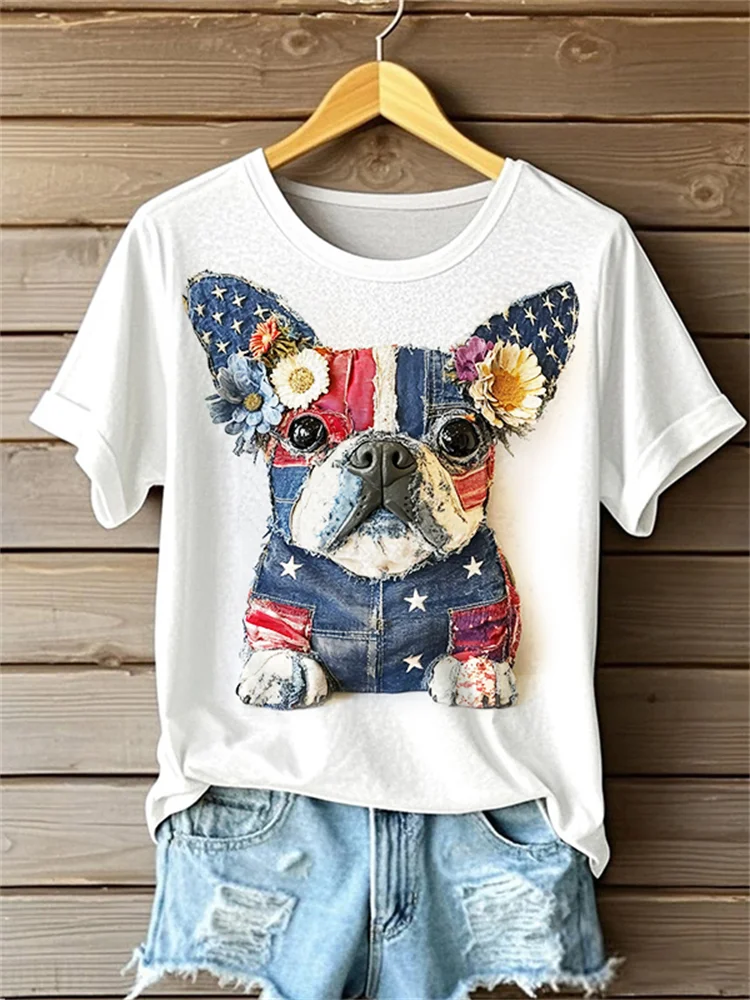 Utbros Bulldog Floral American Flag Denim Patchwork T Shirt