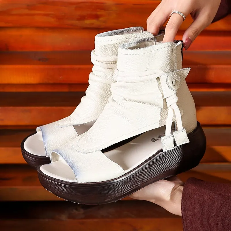 GKTINOO Ladies Sandals 2021 New Spring Retro Women Shoes Genuine Leather Zip Flat With Sewing Handmade Platform Sandals