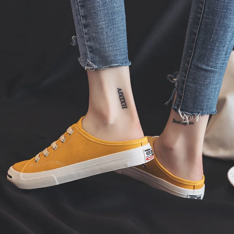 2020 spring and summer new student canvas shoes women's fashion lace-up sneakers open white shoes sandals semi-drag breathable