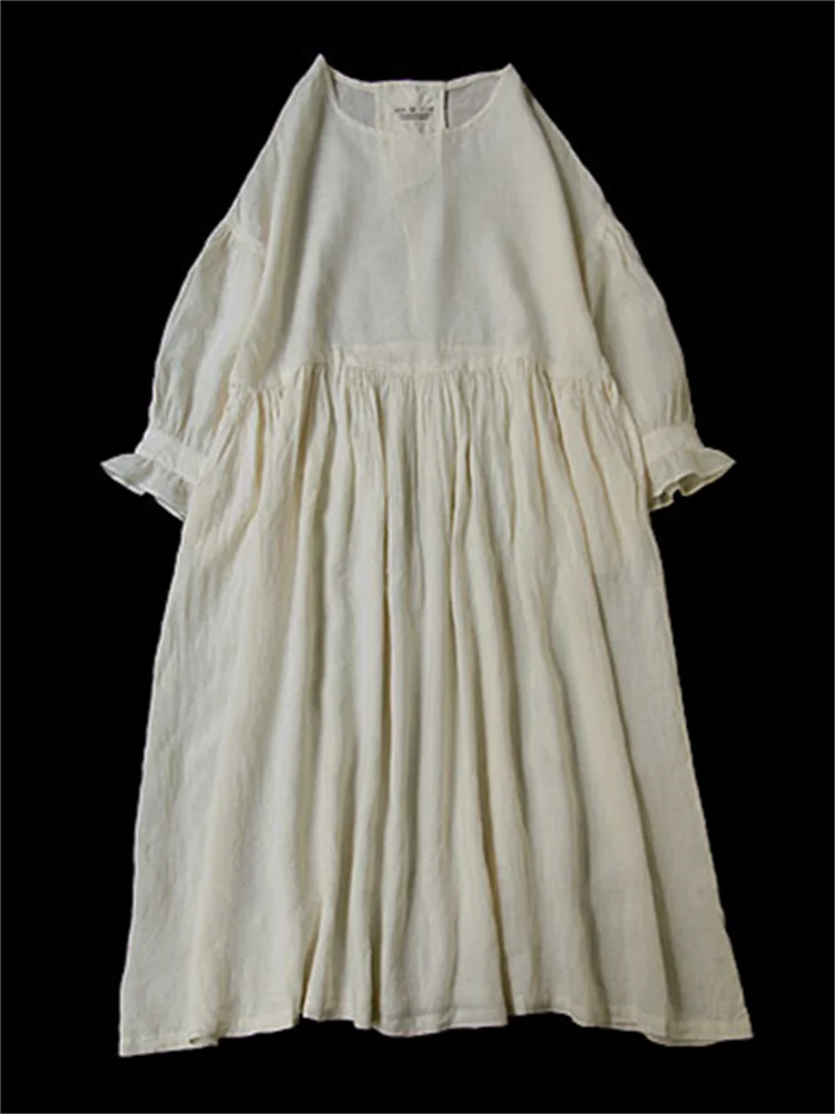 Vintage Basic Ruffle Trim Puff Sleeve Linen Blend Maxi Dress
