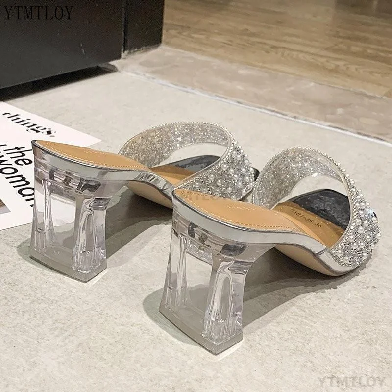 Women's Slipper Summer New Shoes Pearls Open Toe Comfort Pvc Sexy Ytmtloy Square Heel Zapatillas Casa Mujer