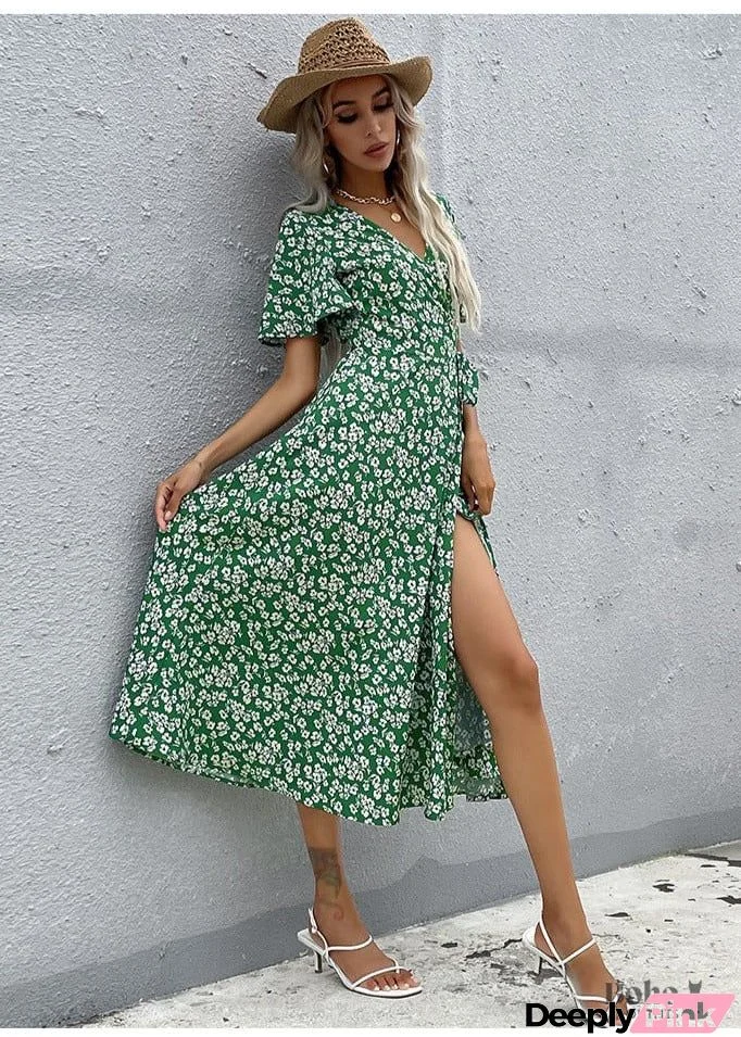 Boho High Waist Slim Printing Midi Dress Alona