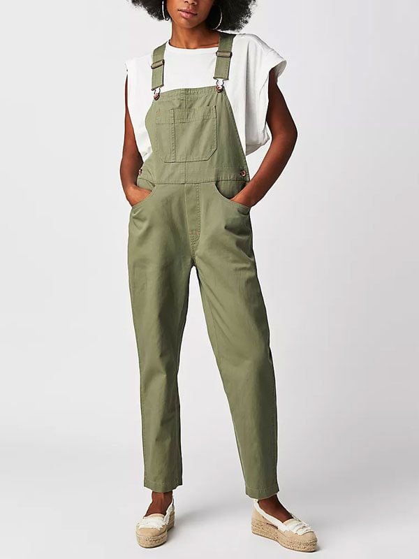 Functional front bib with side button closureLadies' jumpsuit