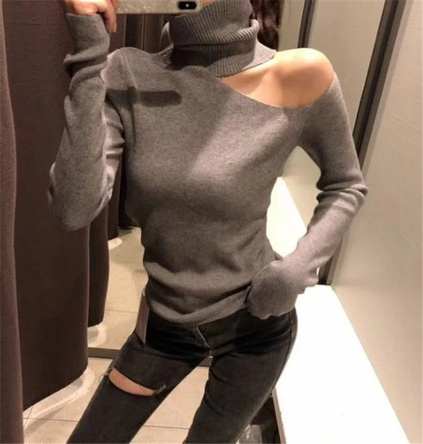 Knitted Sweater Off Shoulder Pullovers Sweater for Women Long Sleeve