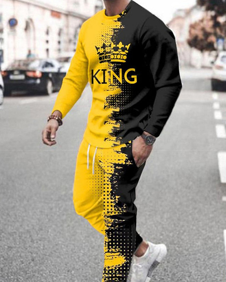 Men's casual color matching print long-sleeved sports set 036