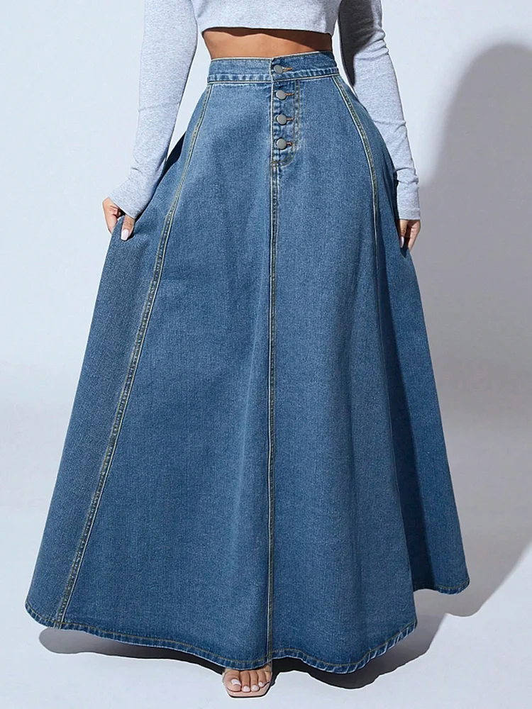 Large Swing Design Single-breasted Denim Skirt