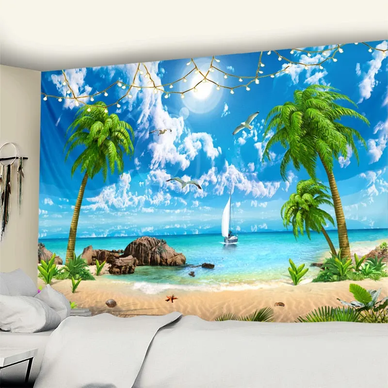 Beach Coconut Tree Tapestry Wall Hanging Bohemian Psychedelic Tapiz Mandala Natural Landscape Home Decor