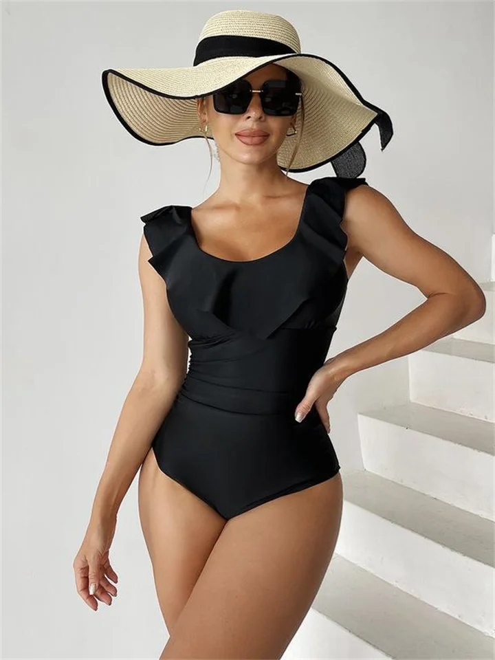 One-piece Bikini Black Polyester Fabric Ruffle Fly Edge Large Size Conservative Swimsuit Female Solid Color S-2XL