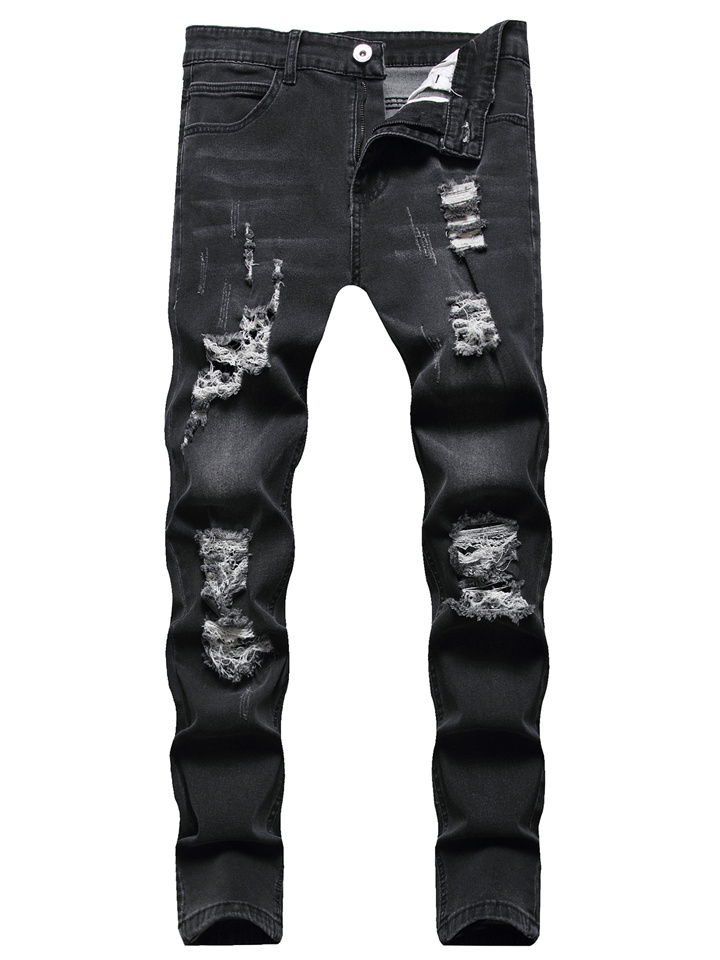 New Men's Broken Holes Grinding White Slim Denim Pants Casual Small Feet Pants