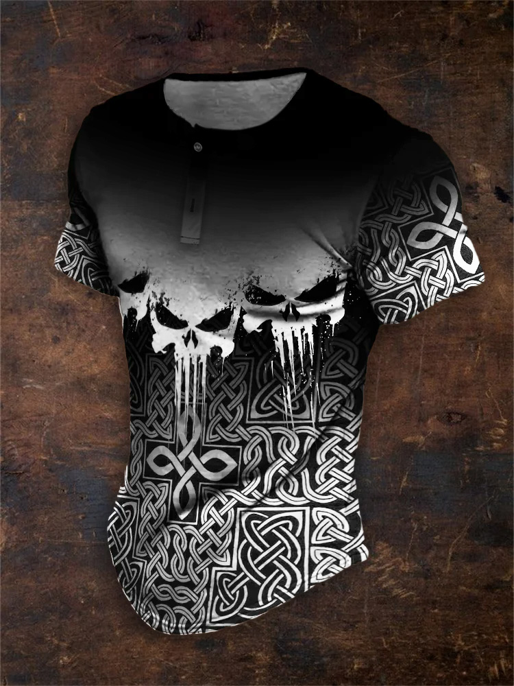 Men's Viking Skull Graphic Henley Shirt