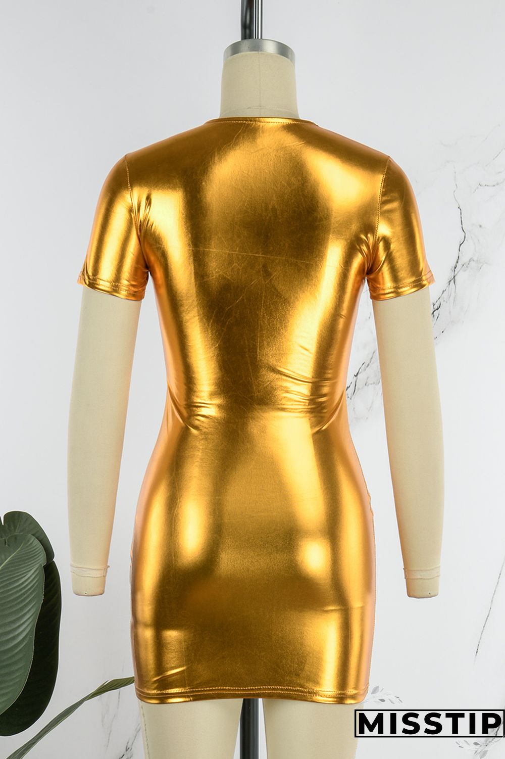 Gold Casual Solid Basic O Neck Short Sleeve Dress