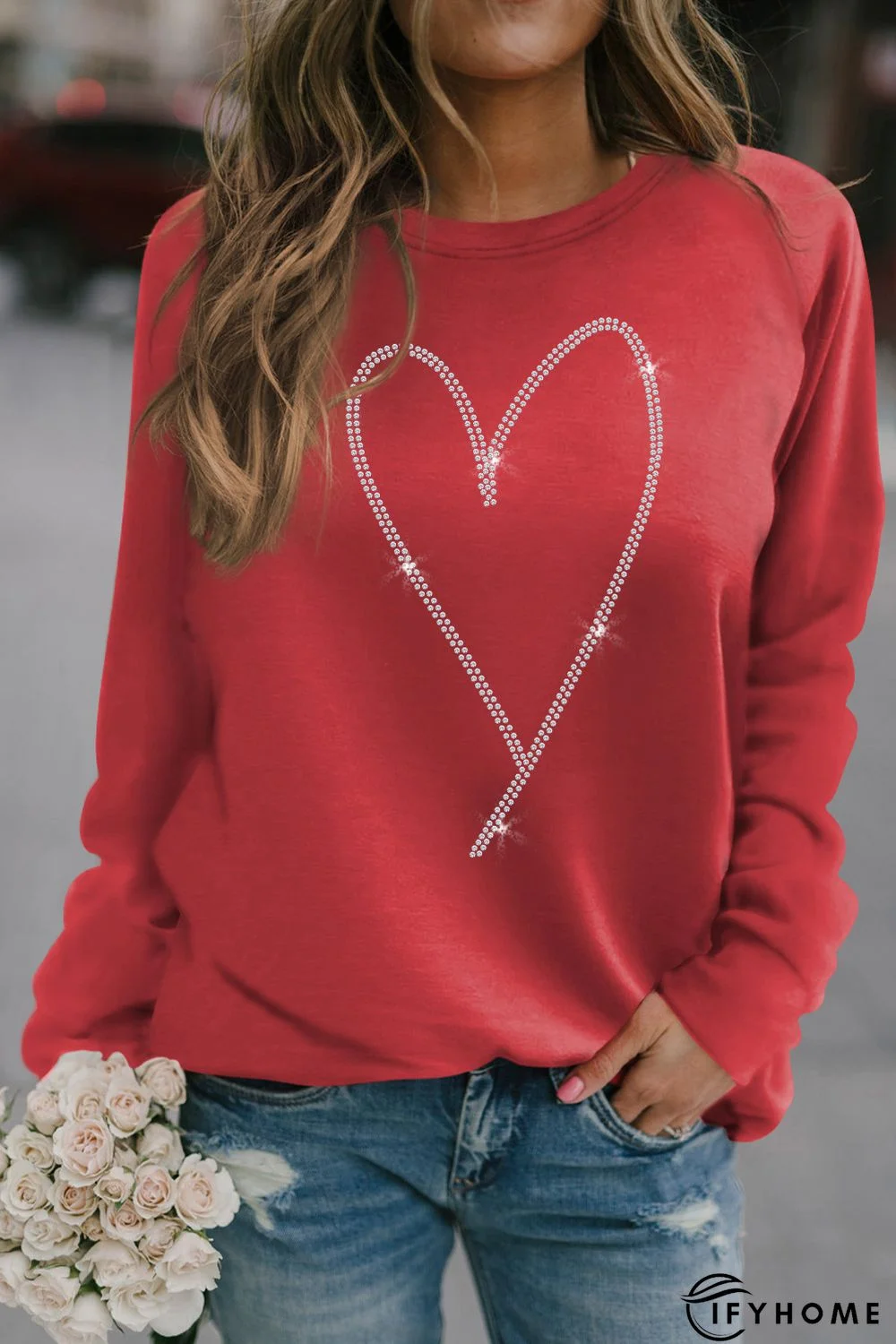 Red Rhinestone Heart Shaped Long Sleeve Sweatshirt | IFYHOME