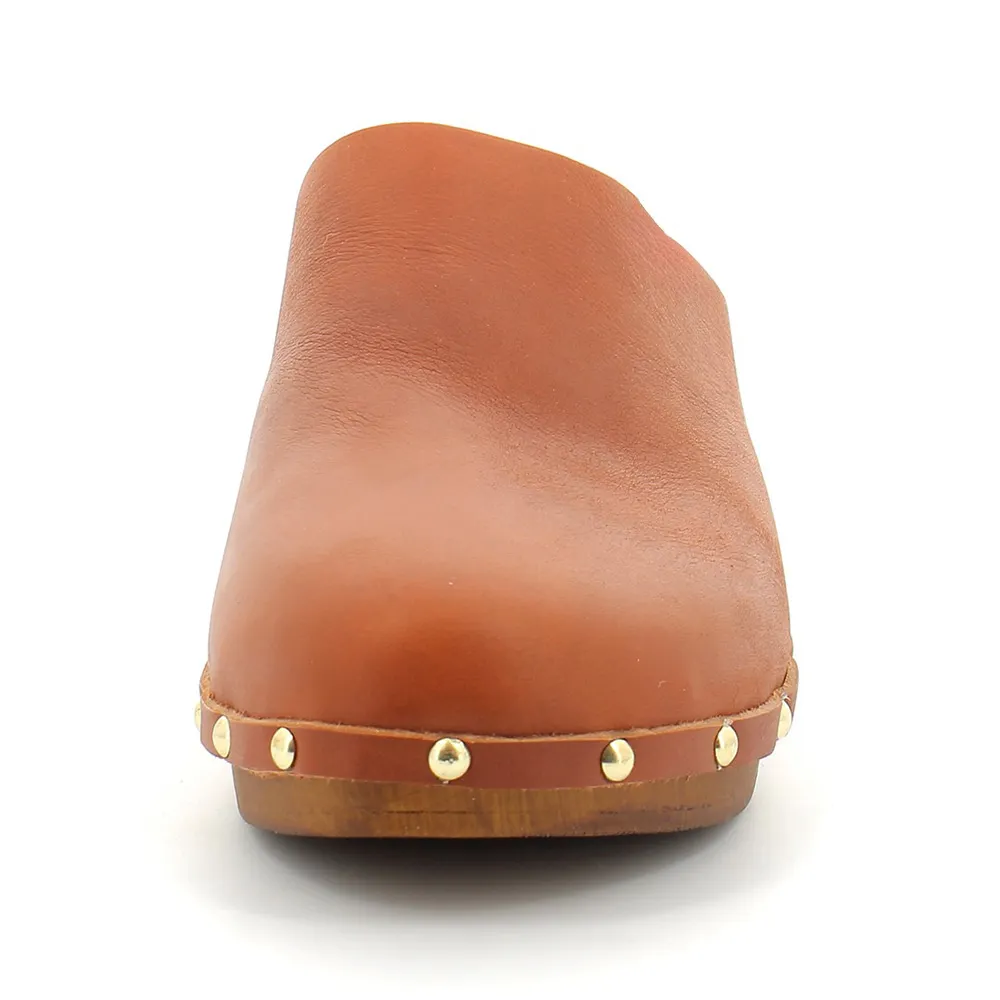 Brown Vegan Leather Round Toe Chunky Heel Studded Mules for Women