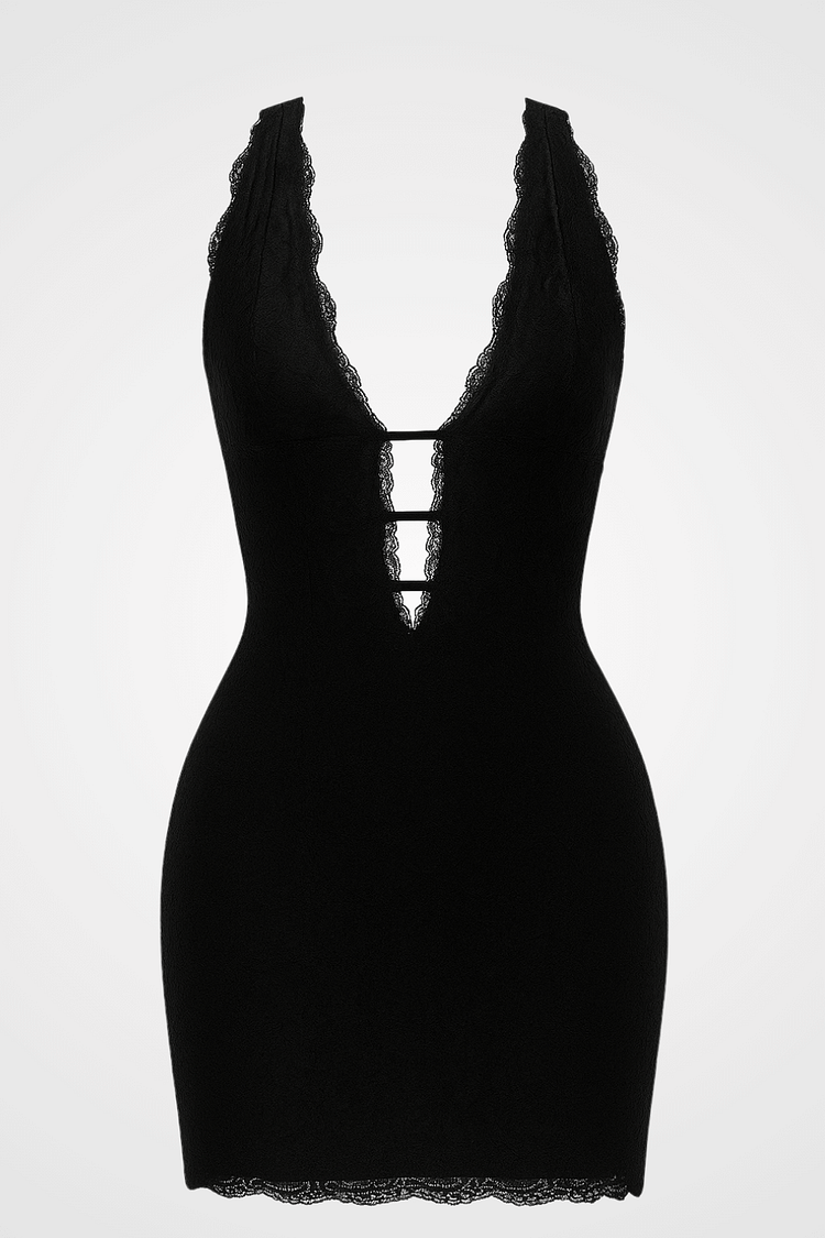 Deep V Neck Backless Bodycon Jacquard Lace Mini Dresses-Black