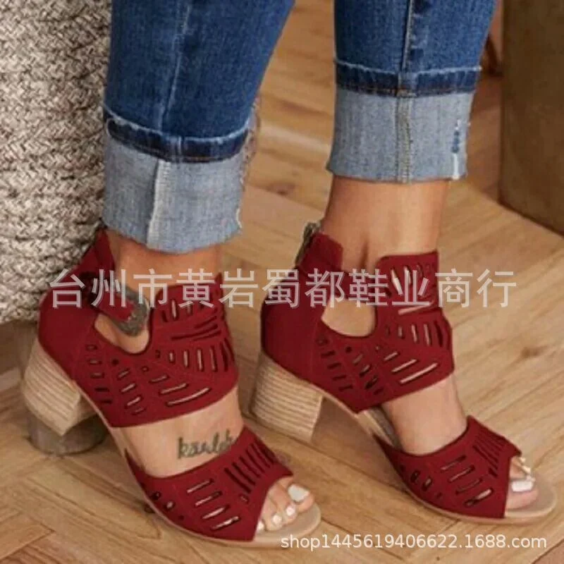 Yyvonne Coarse Heeled Fish Mouth Sandals Women Summer New Hollow Buckle Large Size Women's Sandals