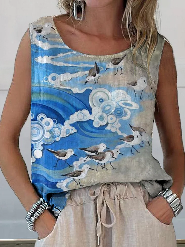 Sandpiper And Summer Sea Side Art Printed Women's Casual Cotton And Linen Tank Top