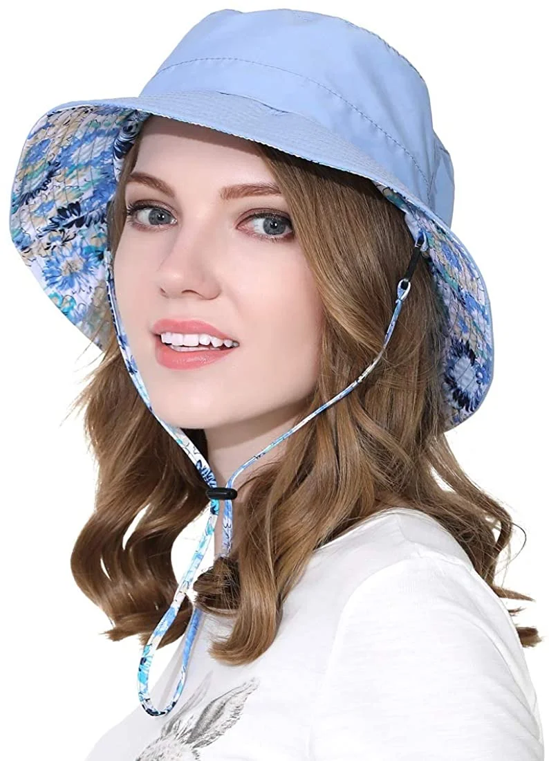Women Bucket Hat Packable Cotton Reversible Sun Hat with Detachable Cord