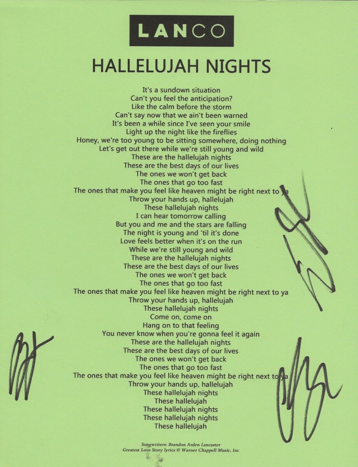 Lanco REAL SIGNED Hallelujah Nights Lyric Sheet #2 COA by Brandon Chandler Eric