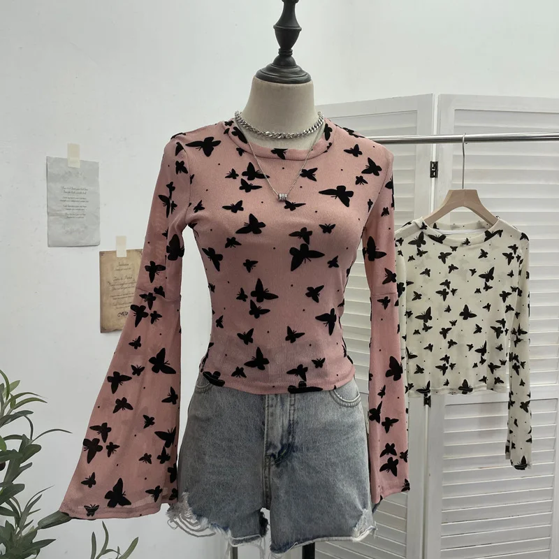 Churchf Real Shooting Spice Girl Butterfly Shiny Shiny Mesh Yarn Long-Sleeved T-Shirt Horn Sleeve Short Repair Body Jacket 8031