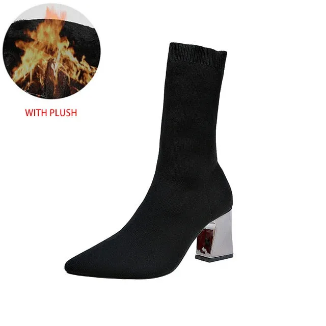 New Ankle Boots Autumn Pointed Toe Stretch Knitting Sock Boots Plus Size High Heels Female Slip On Lady Shoes Hot Fashion Shoe