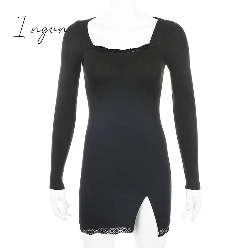 Ingvn - Women Winter Dress New Arrivals Sexy Long Sleeve Lace Split Black White Solid Party Dresses