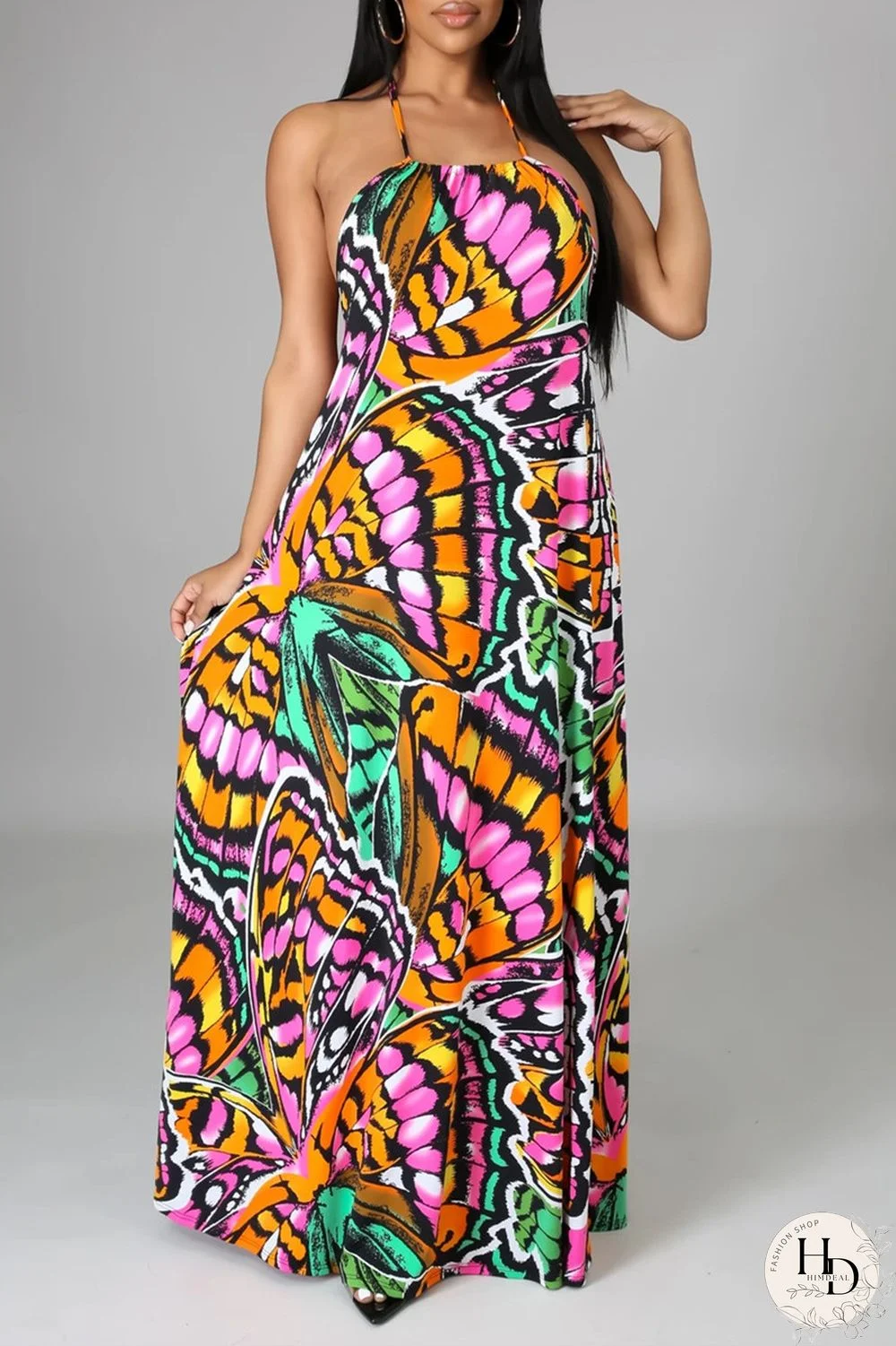 Multicolor Fashion Sexy Print Backless Spaghetti Strap Sleeveless Dress