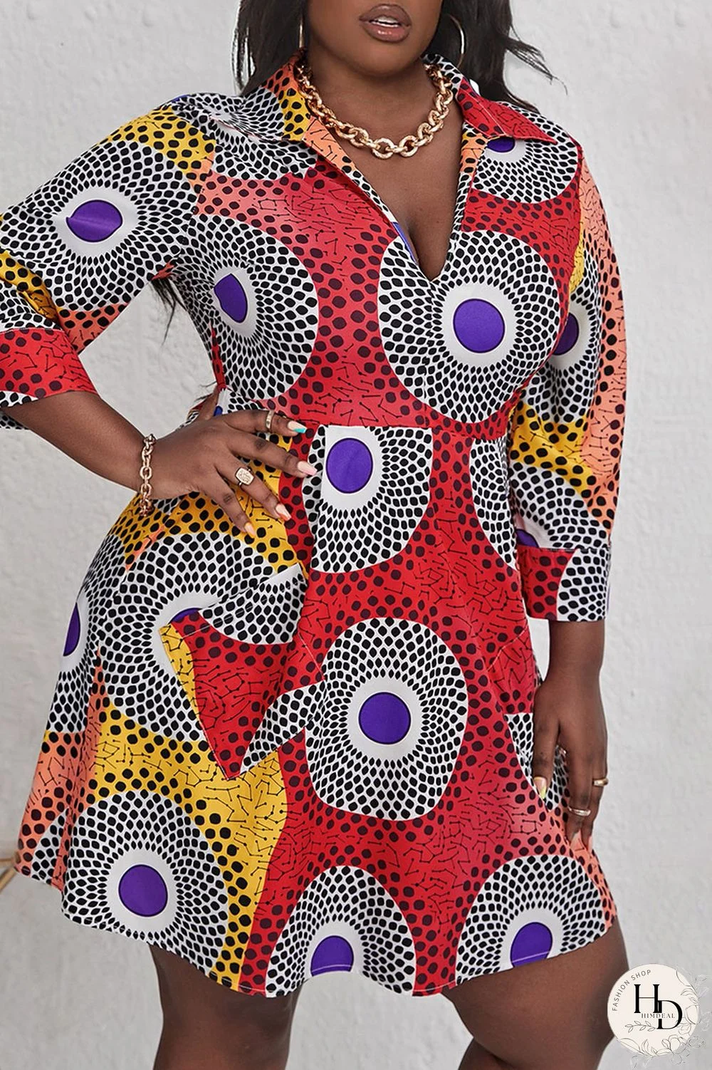 Rose Red Casual Print Split Joint V Neck A Line Plus Size Dresses