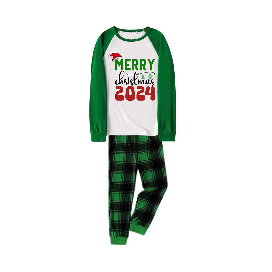 Merry Christmas 2024 Print Long Sleeve Top With Green & Black Plaid Christmas Matching Pajamas