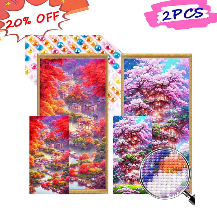 2pcs Cherry Tree House 40*80CM (Canvas) Full Round Drill Diamond Painting gbfke