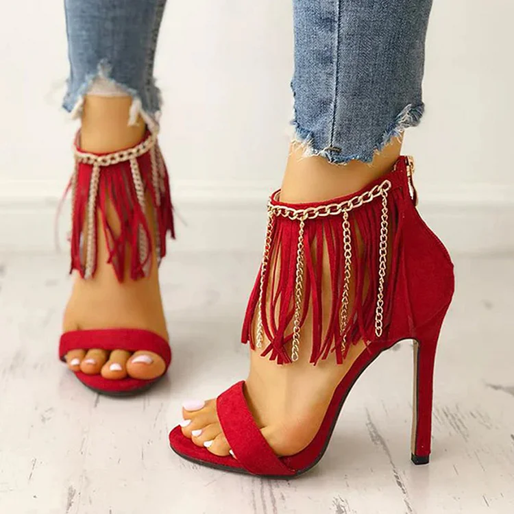 Red Stiletto Heels Metal Chain Fringe Ankle Strap Sandals |FSJ Shoes