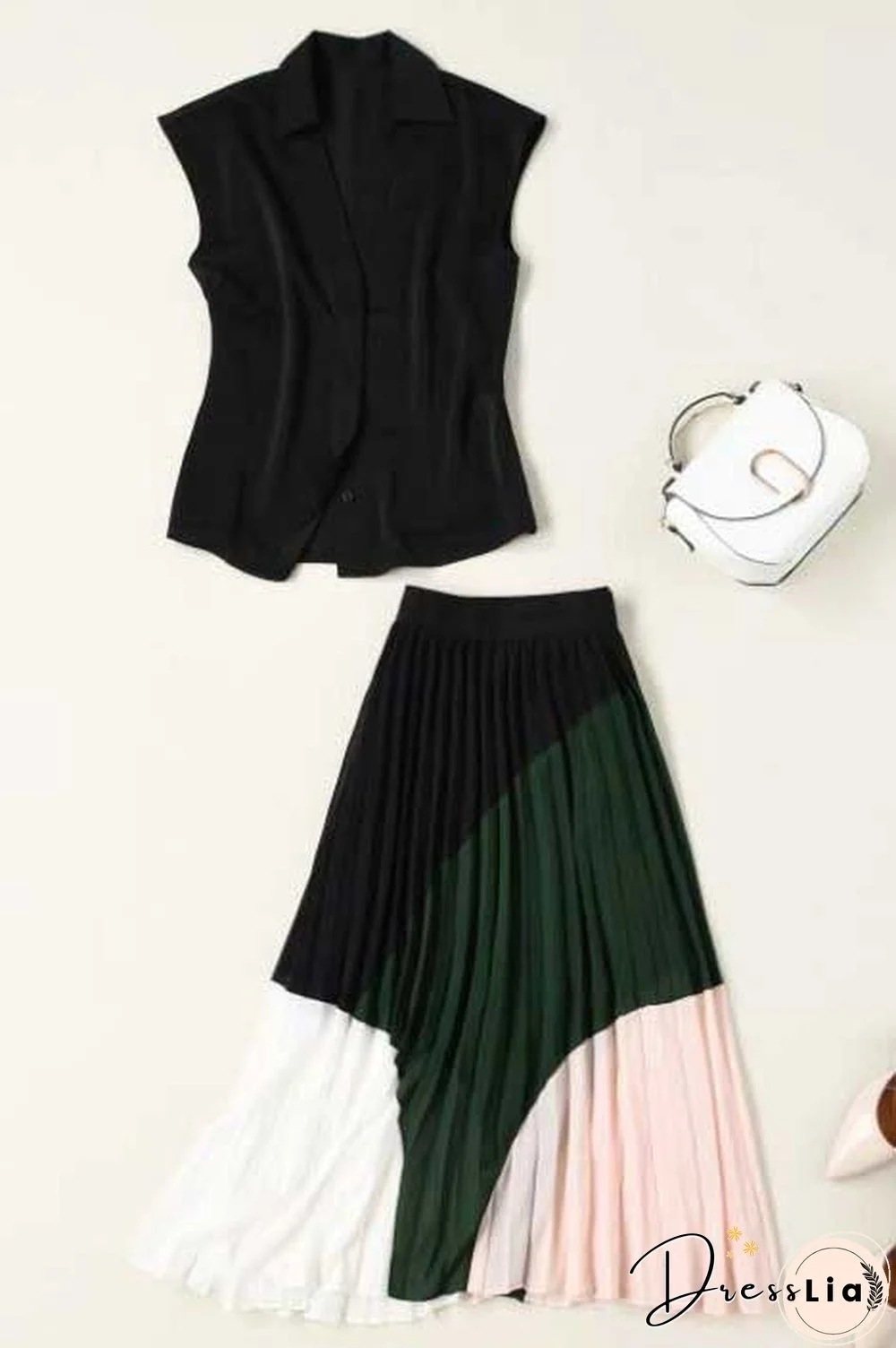 Meghan Markle Sleeveless Colorblock Pleated Outfit