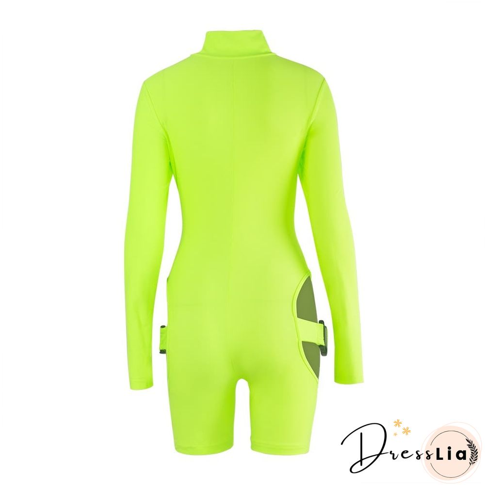 Women's Shorts Fluorescent Green Long Sleeve Jumpsuit