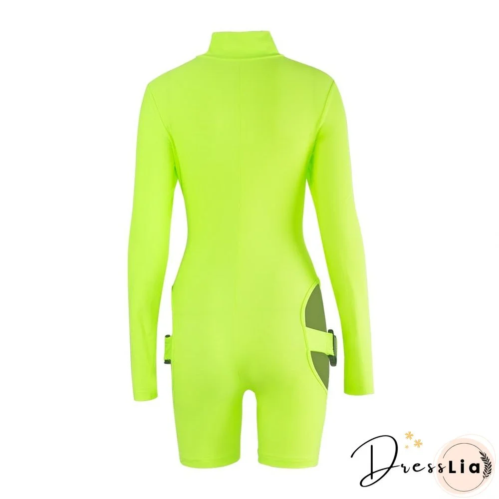 Women's Shorts Fluorescent Green Long Sleeve Jumpsuit