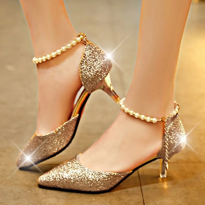 Sexy Pointed Toe Pearl High Heels Shoes Female Fashion Hollow with Sandals Paillette of The Thin Breathable Shoes Women Pumps