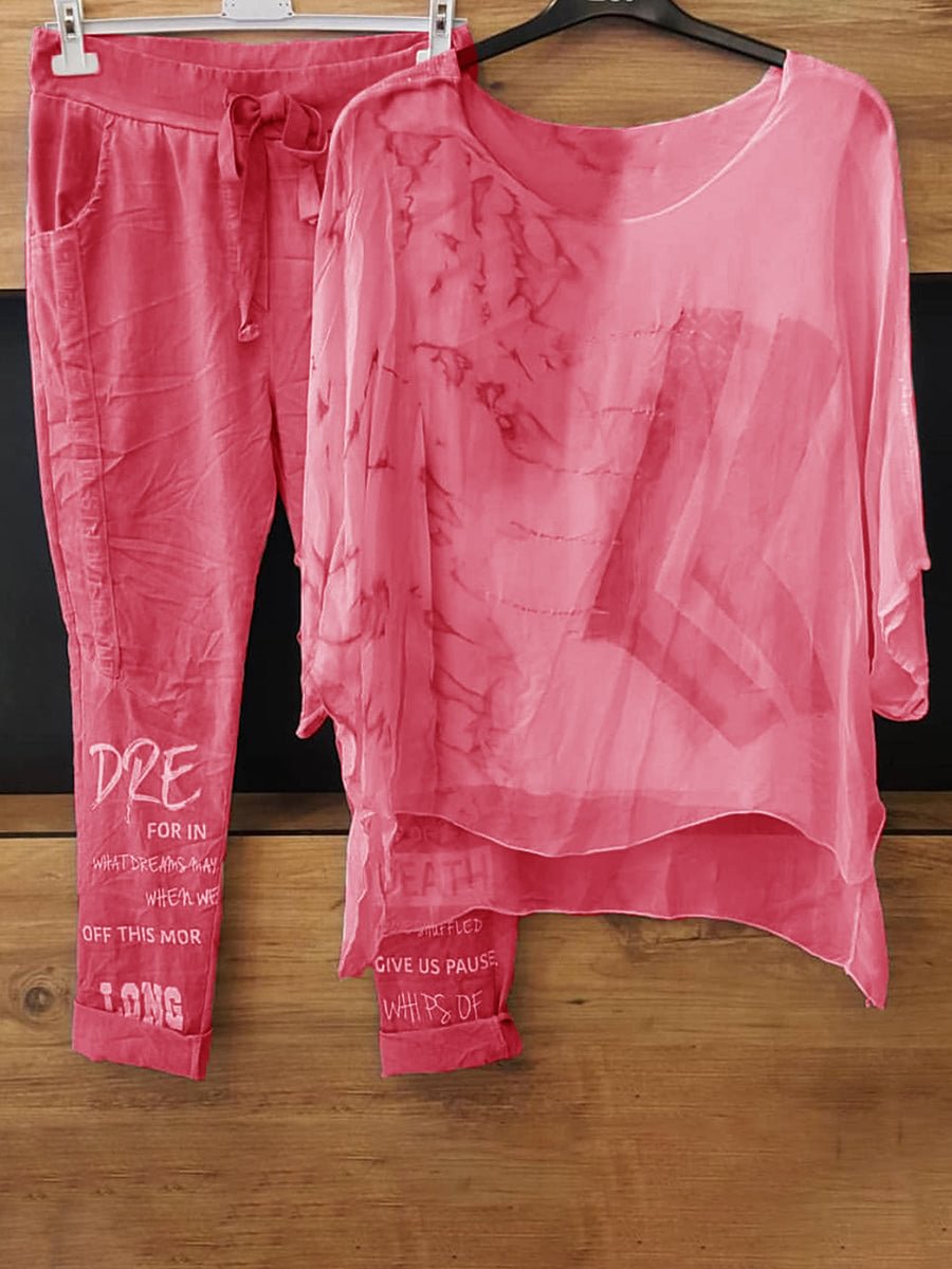 Printed Chiffon Top And Printed Pants Set