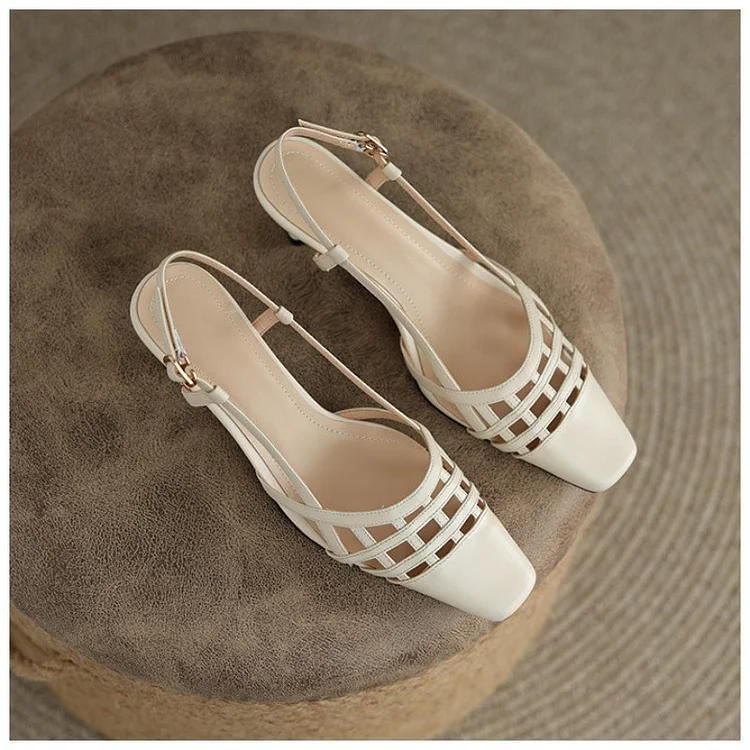 Women's French-Inspired Square Cutout Stiletto Heel Sandals - Soft Synthetic Cover Closed Toe With Ankle Strap Buckle, Mid-Heel Dress Shoes For Summer, Weddings & Formal Events, High Heel Sandals, Sophisticated Footwear, Durable Rubber Sole, Evening Wear