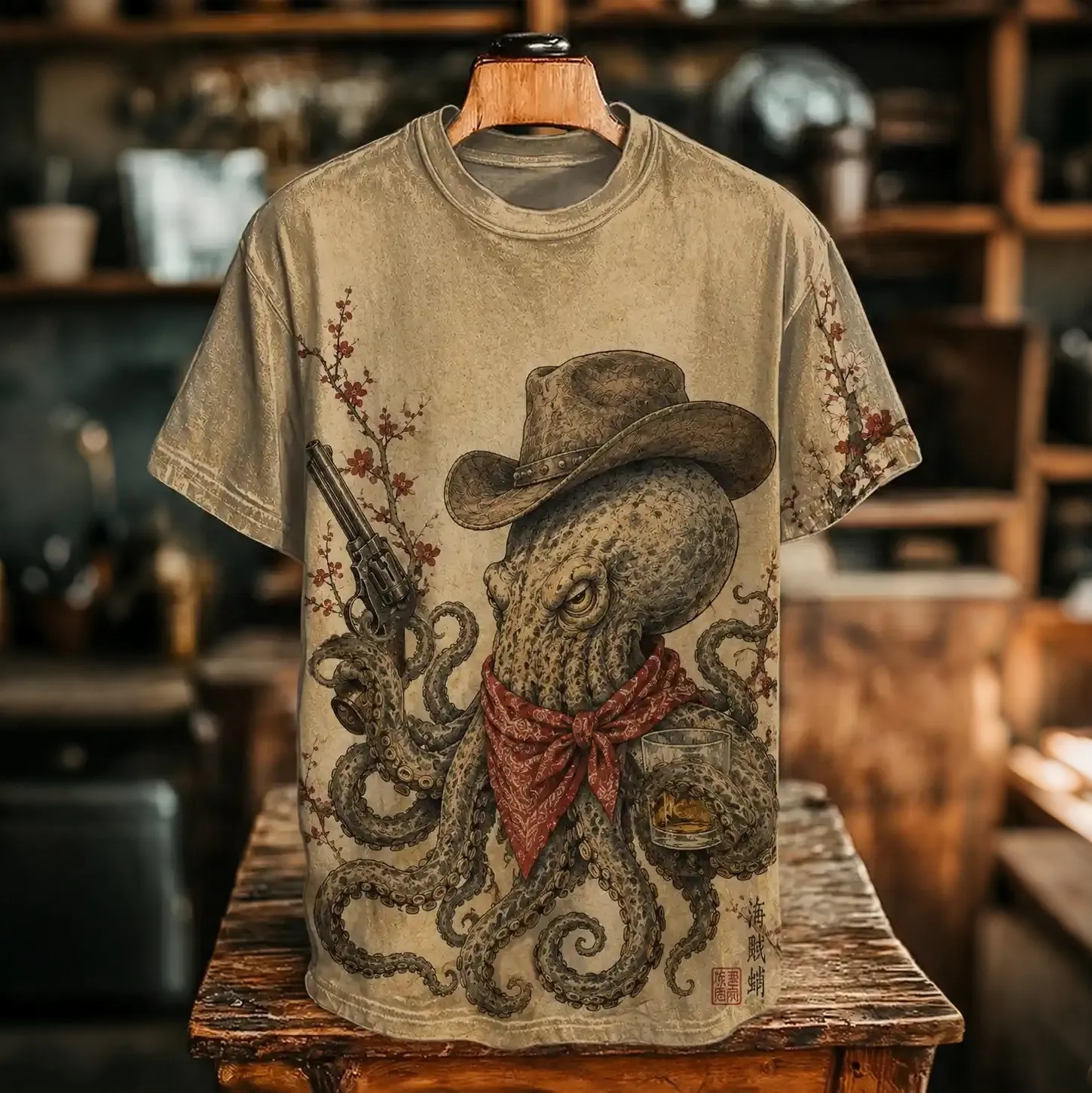 Men's Retro Cowboy Octopus Drinking Tea With Cherry Blossom Ukiyo-e Print T-shirt  artssus