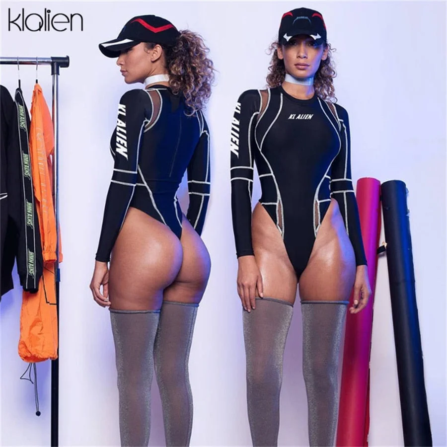 KLALIEN Brand Fashion Casual Print Letter Skinny Bodysuit For Women Autumn New Streetwear Wild Basic Female Streetwear Stretch