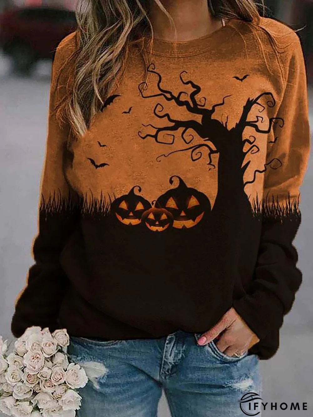 Halloween Cotton-Blend Long Sleeve Crew Neck Sweatshirt | IFYHOME