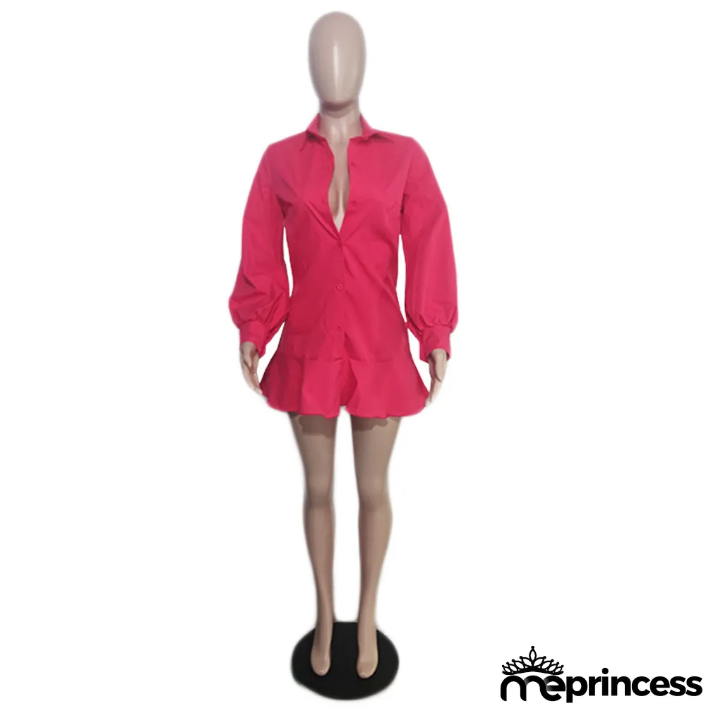 Women Fall Button Solid Long Sleeve Shirt Dress