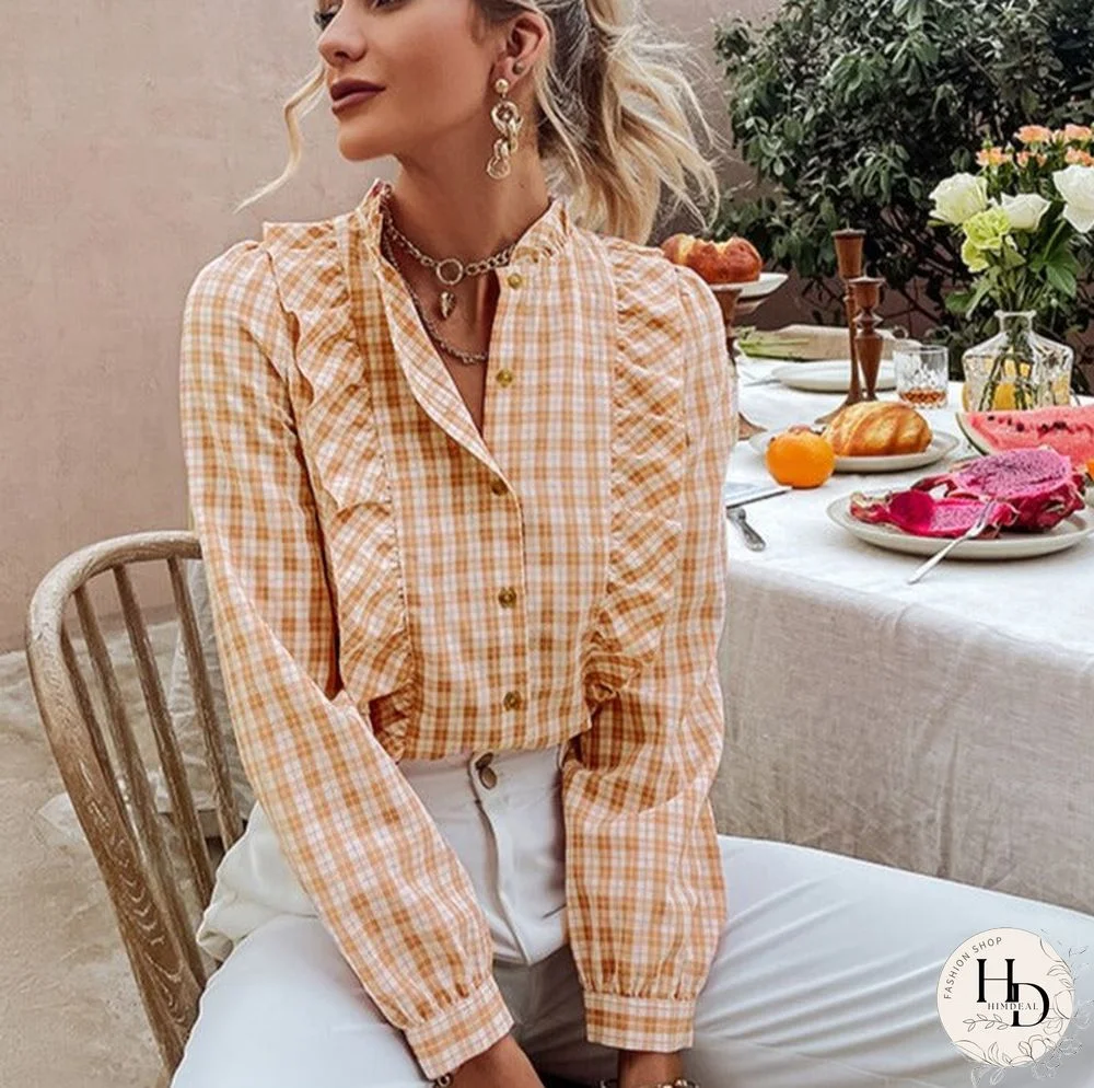 Holiday plaid summer blouse shirt light pink Idyllic style ruffle female shirts Stand collar long sleeve women's tops